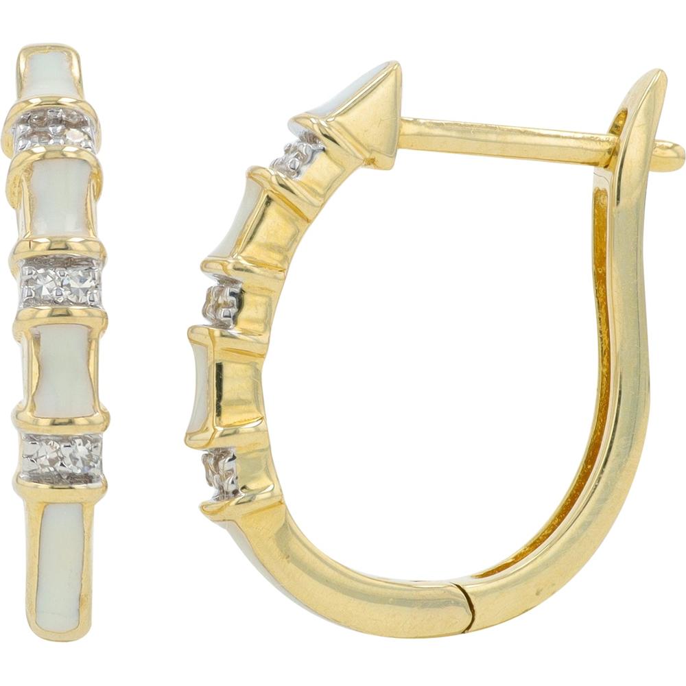 14K Yellow Gold Diamond & White Enamel Hoop Earrings - 0.05 Carat Total Diamond Weight
