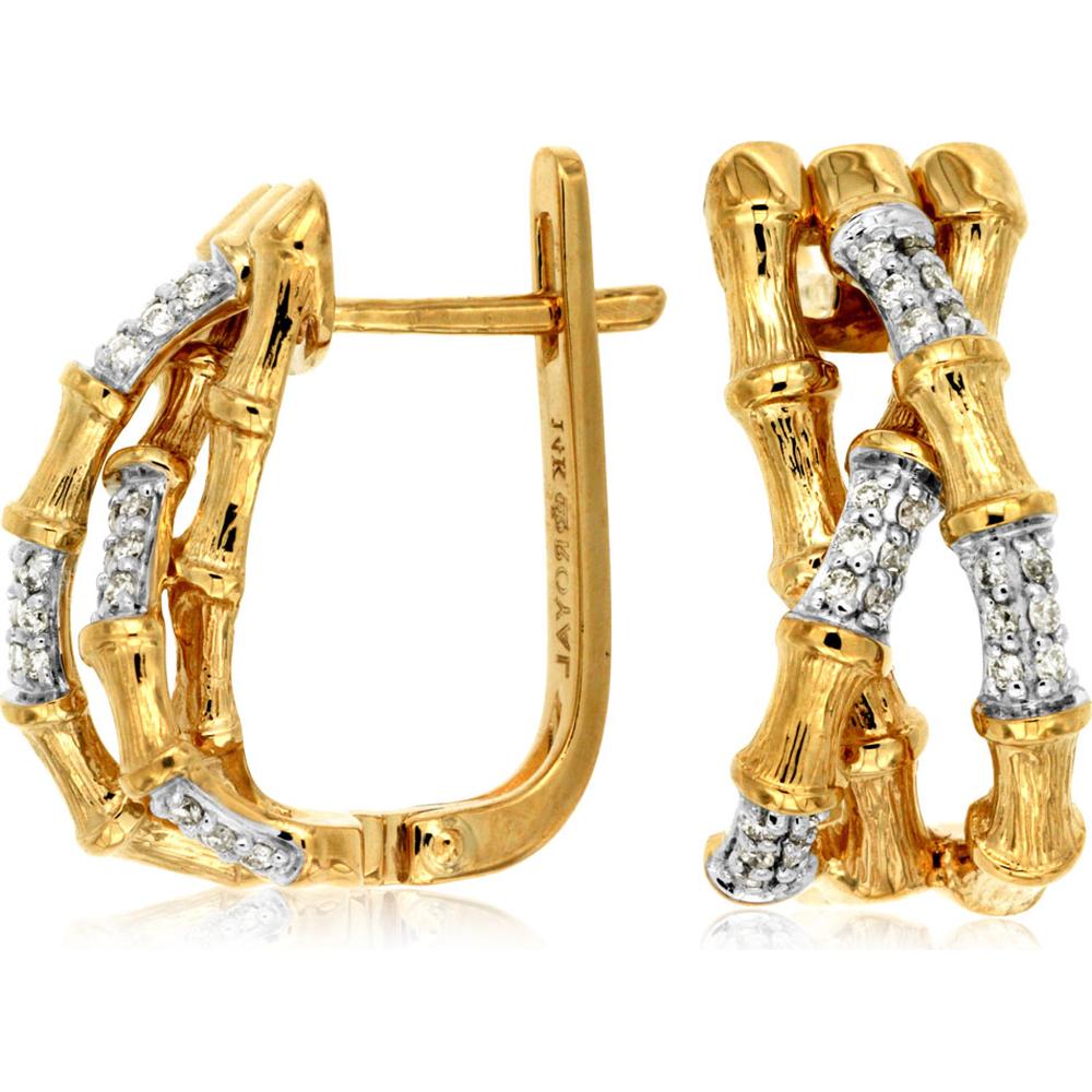 14K Yellow Gold Diamond Bamboo Earrings - 0.25 Carats Total Diamond Weight