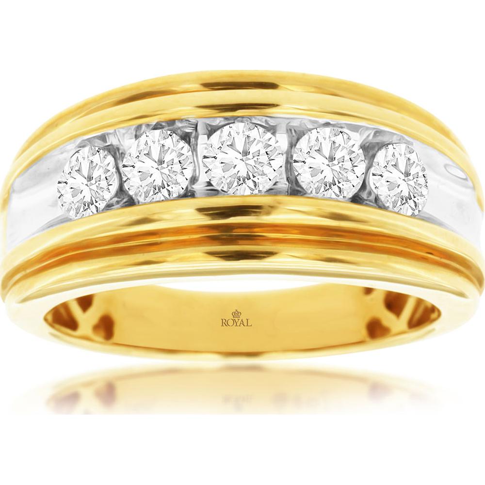 14K Yellow Gold Diamond Band for Men with 5 Round Diamonds - 1.00 Carats Total Diamond Weight