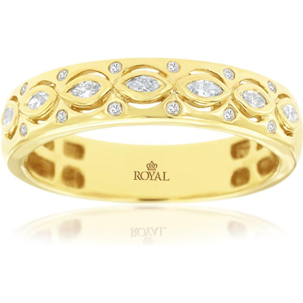 14K Yellow Gold Diamond Band with Marquise-Inspired Frames and Round Diamond Accents - 0.18 Carat Total Diamond Weight - Royal Jewelry