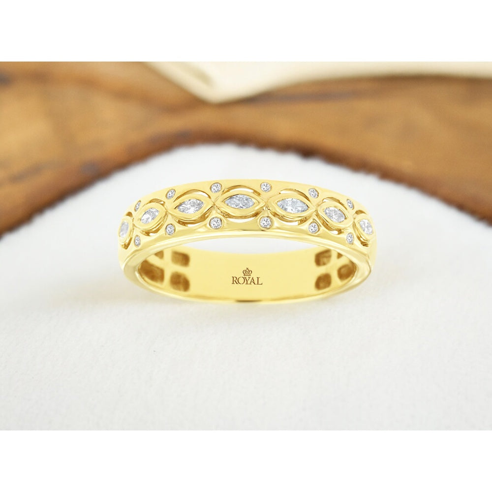 14K Yellow Gold Diamond Band with Marquise-Inspired Frames and Round Diamond Accents - 0.18 Carat Total Diamond Weight - Royal Jewelry
