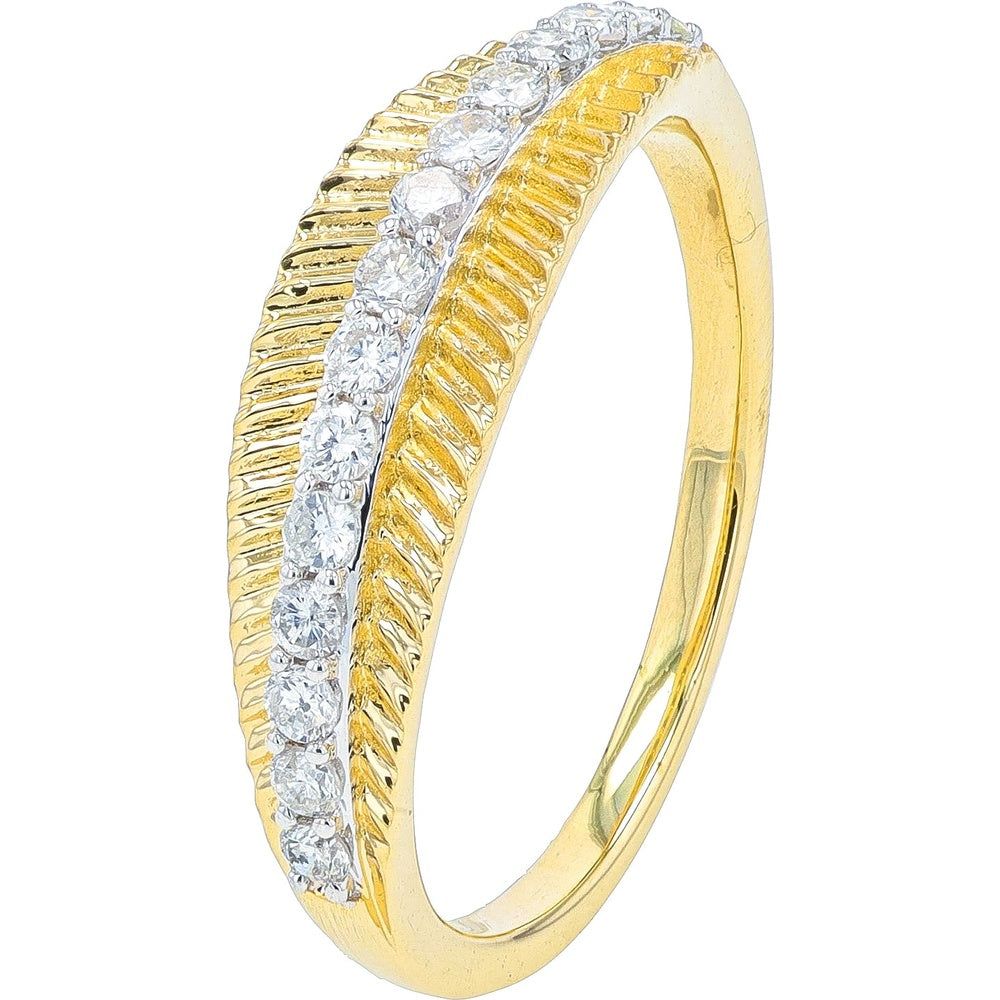 14K Yellow Gold Diamond Band with Textured Ribbed Details and Channel Set Round Brilliant Diamonds - 0.25 Carat Total Diamond Weight