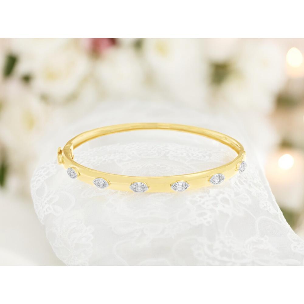 14K Yellow Gold Diamond Bangle Bracelet with Marquise-Inspired Diamond Stations - 0.22 Carat Total Diamond Weight - Royal Jewelry