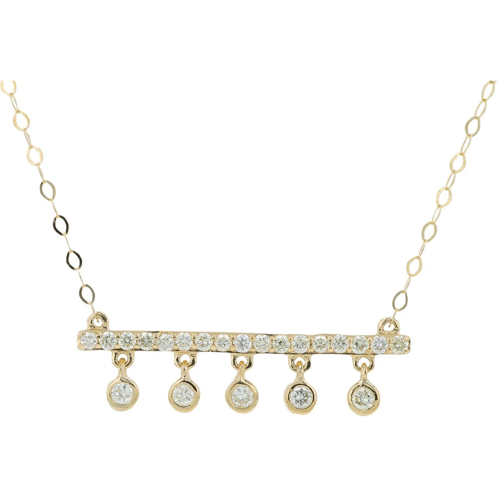 14K Yellow Gold Diamond Bar Necklace with Bezel Set Round Diamond Drops - 0.18 Carat Total Diamond Weight