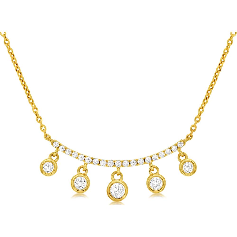14K Yellow Gold Diamond Bar Necklace with Bezel Set Round Diamond Drops - 0.33 Carat Total Diamond Weight - Royal Jewelry