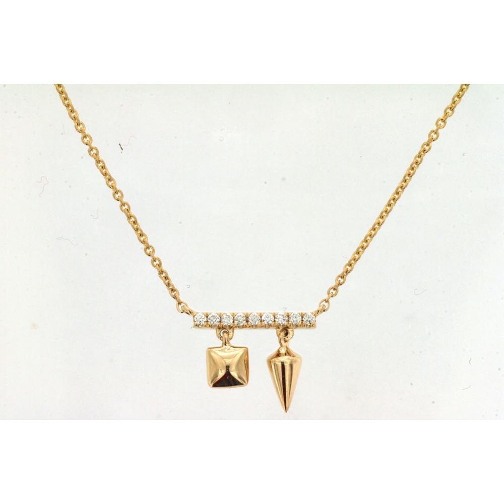 14K Yellow Gold Diamond Bar Necklace with Geometric Pyramid and Spike Charms - 0.05 Carat Total Diamond Weight - Royal Jewelry