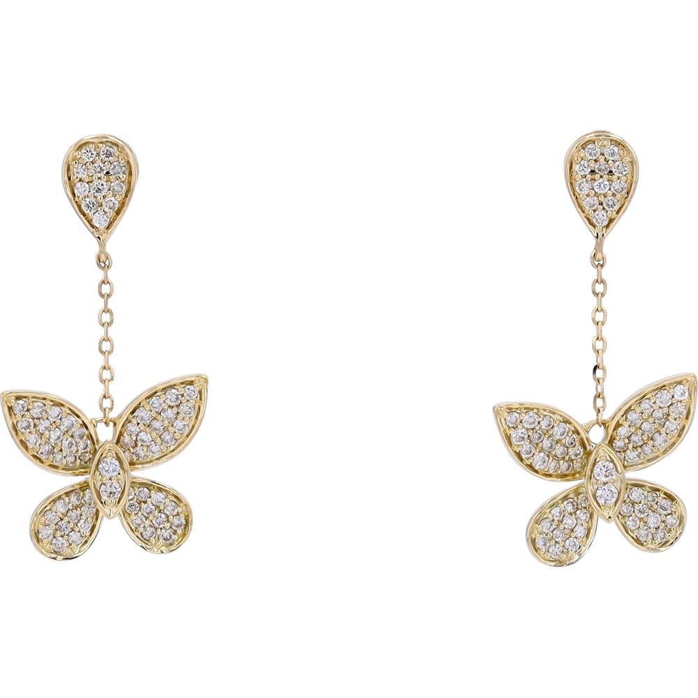 14K Yellow Gold Diamond Butterfly Drop Earrings - 0.50 Carats Total Diamond Weight