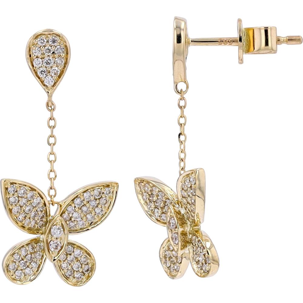 14K Yellow Gold Diamond Butterfly Drop Earrings - 0.50 Carats Total Diamond Weight