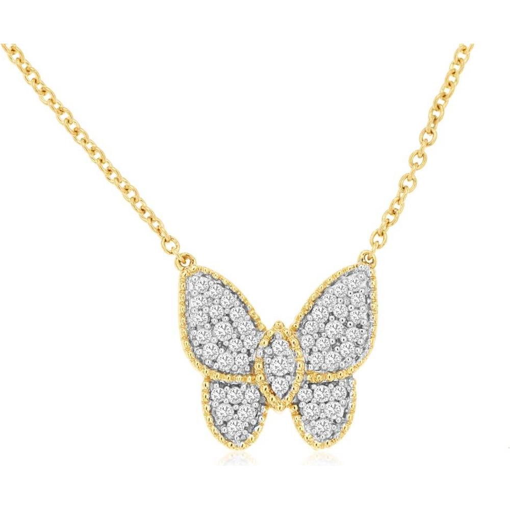 14K Yellow Gold Diamond Butterfly Pendant Necklace with Round Diamond Accents - 0.25 Carat Total Diamond Weight - Royal Jewelry