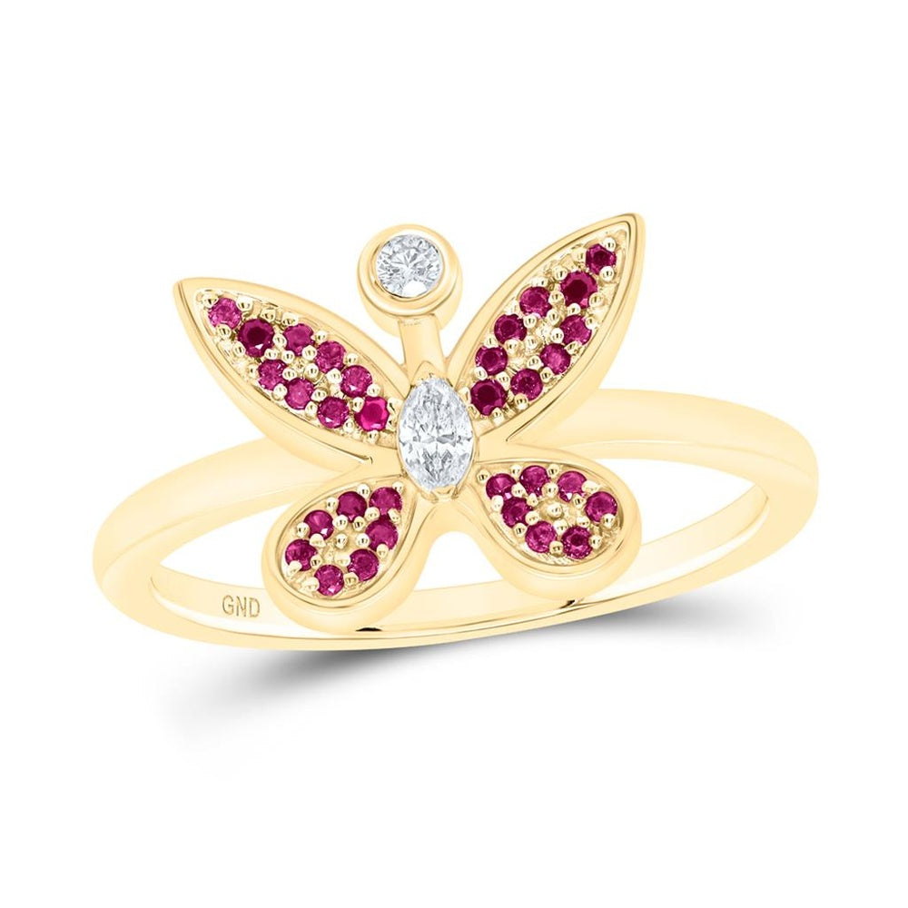 14K Yellow Gold Diamond Butterfly Ring - 1/12 Carat Total Gemstone Weight