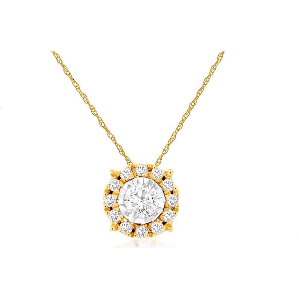 14K Yellow Gold Diamond Circle Halo Pendant with Round Brilliant Center and Prong Set Halo Diamonds - 0.25 Carat Total Diamond Weight - Royal Jewelry