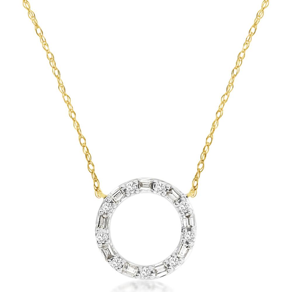 14K Yellow Gold Diamond Circle Pendant Necklace with Alternating Baguette and Round Cut Diamonds - 0.25 Carat Total Diamond Weight - Royal Jewelry