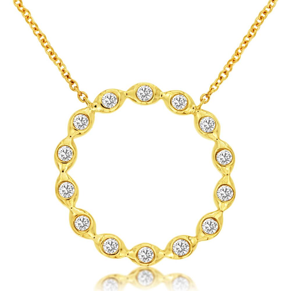 14K Yellow Gold Diamond Circle Pendant Necklace with Bezel Set Round Brilliant Diamonds - 0.25 Carat Total Diamond Weight - Royal Jewelry
