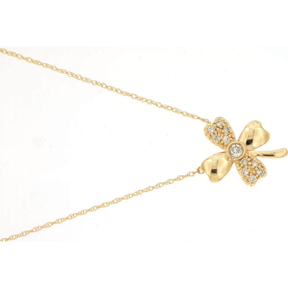 14K Yellow Gold Diamond Clover Pendant Necklace with Bezel and Pave Set Round Diamonds - 0.16 Carat Total Diamond Weight - Royal Jewelry
