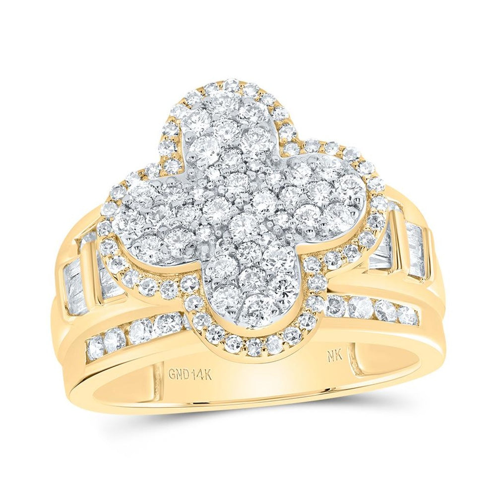 14K Yellow Gold Diamond Clover Ring - 1 1/3 Carat Total Diamond Weight