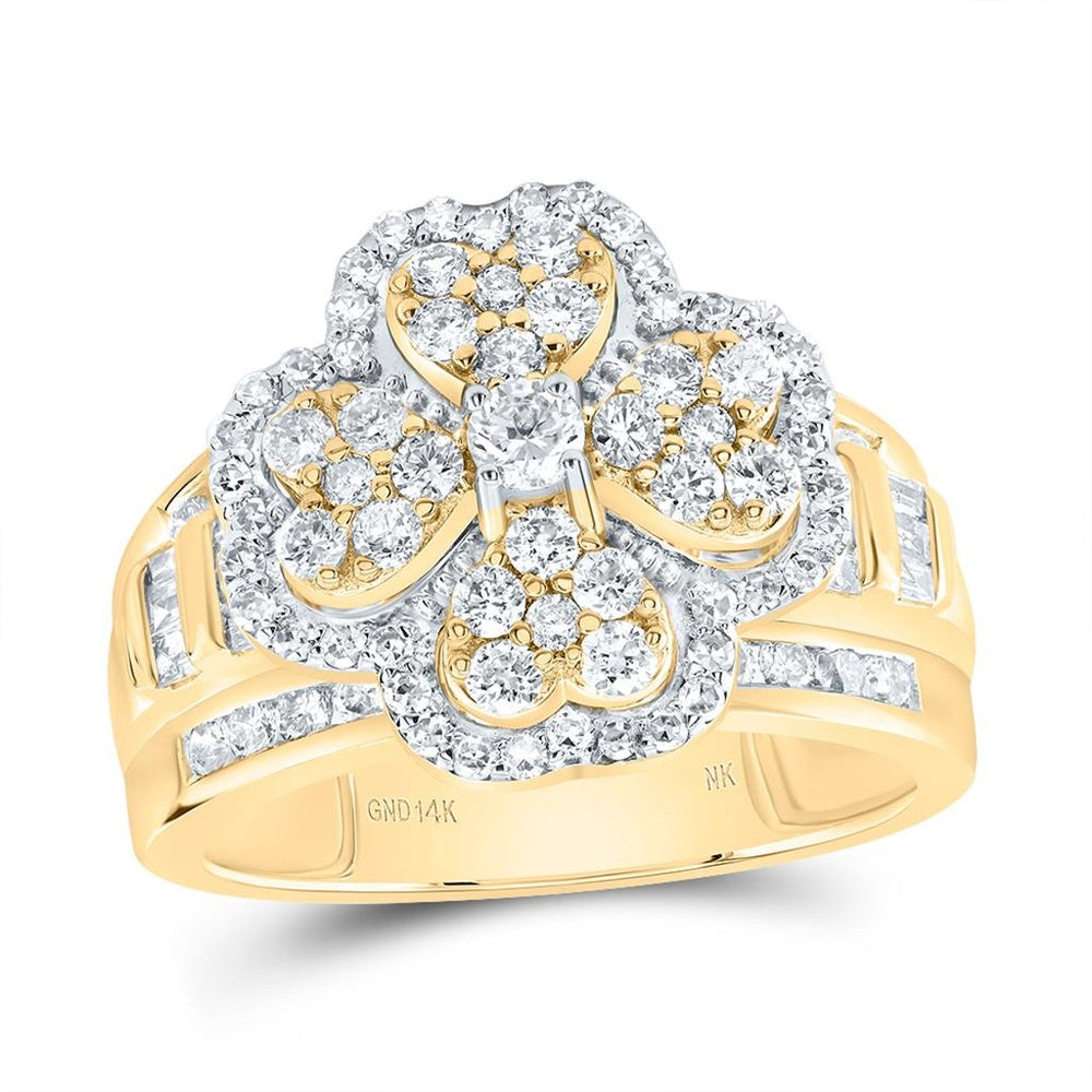 14K Yellow Gold Diamond Clover Ring - 1 3/8 Carat Total Diamond Weight