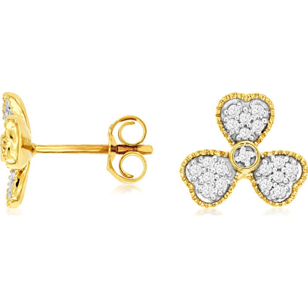 14K Yellow Gold Diamond Clover Stud Earrings with Round Diamond Clusters - 0.18 Carat Total Diamond Weight - Royal Jewelry