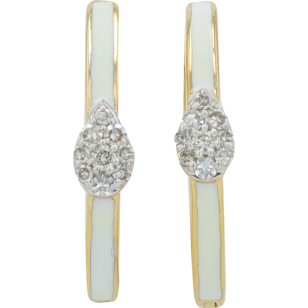 14K Yellow Gold Diamond Cluster & White Enamel Huggie Hoops - 0.10 Carat Total Diamond Weight
