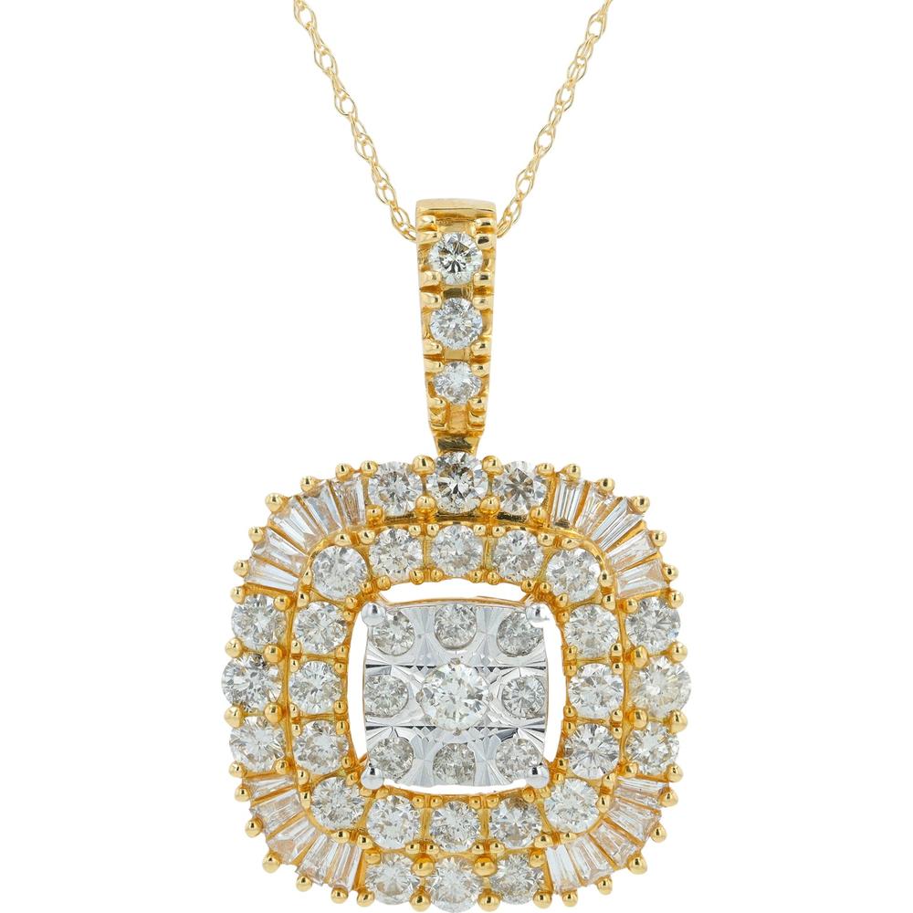 14K Yellow Gold Diamond Cluster Pendant Necklace - 2.00 Carat Total Diamond Weight