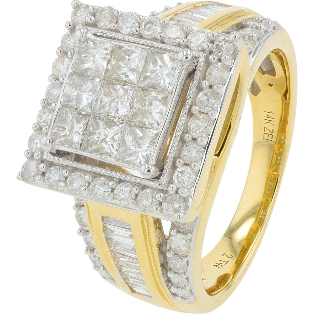 14K Yellow Gold Diamond Cluster Ring - 2.00 Carat Total Diamond Weight