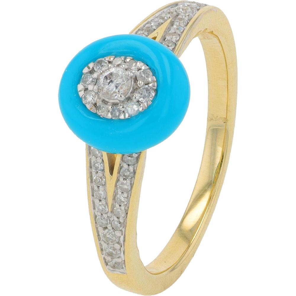14K Yellow Gold Diamond Cluster Ring with Turquoise Enamel Halo - 0.27 Carat Total Diamond Weight