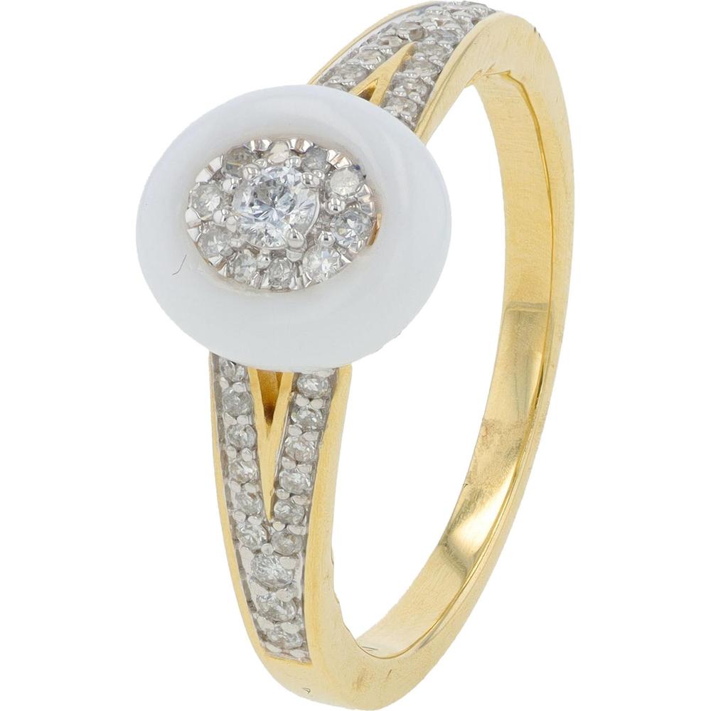 14K Yellow Gold Diamond Cluster Ring with White Enamel Halo - 0.27 Carat Total Diamond Weight