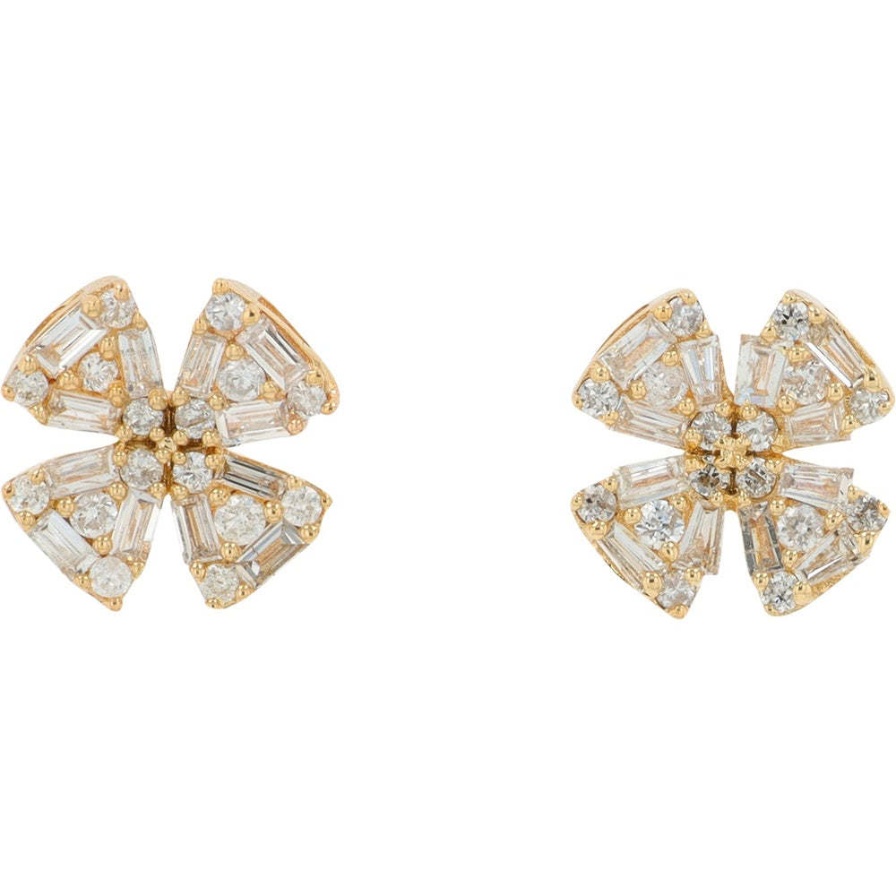 14K Yellow Gold Diamond Cluster Stud Earrings with Round and Baguette Accents - 0.25 Carat Total Diamond Weight