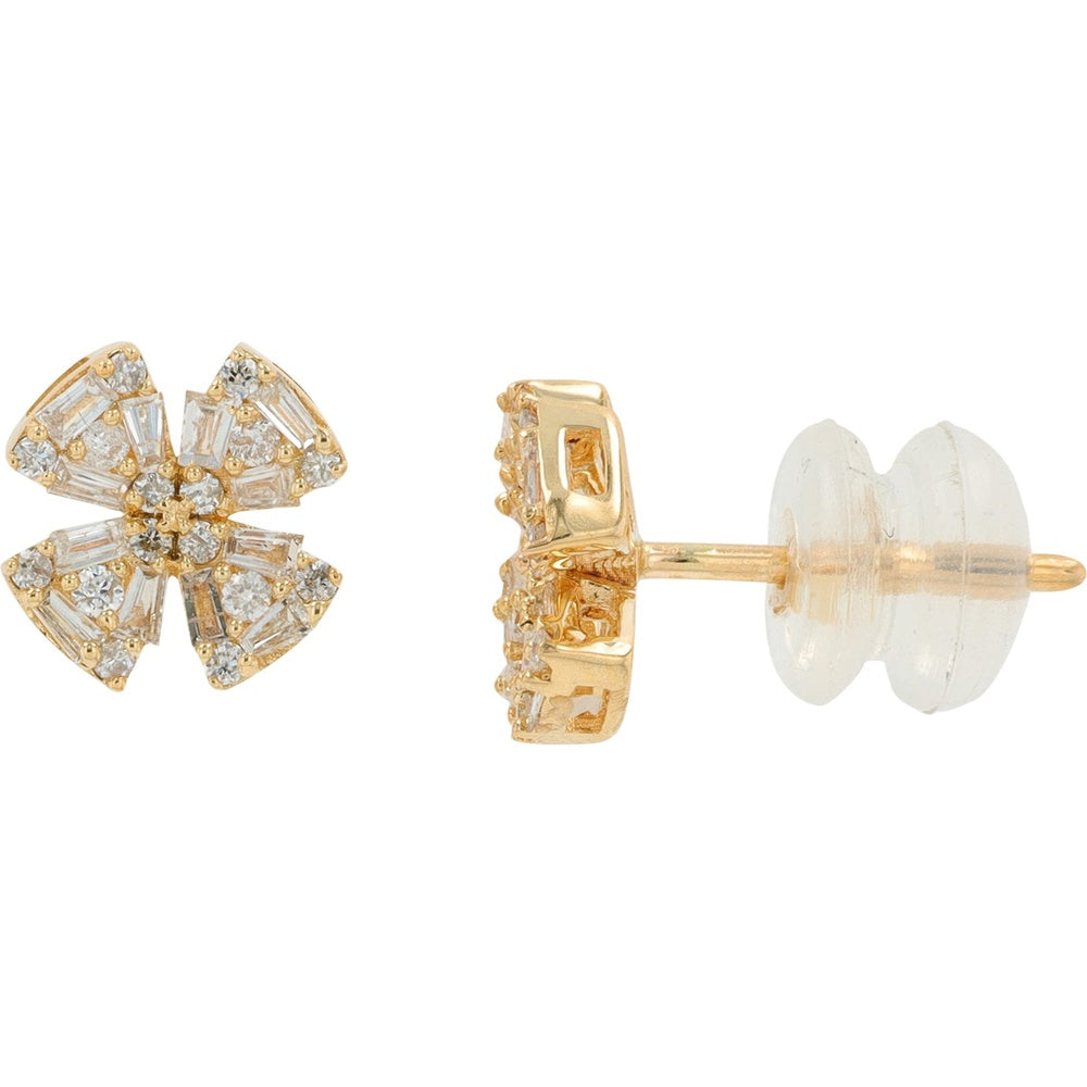 14K Yellow Gold Diamond Cluster Stud Earrings with Round and Baguette Accents - 0.25 Carat Total Diamond Weight