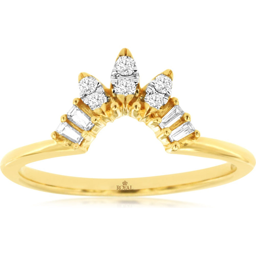 14K Yellow Gold Diamond Contour Band with Round and Baguette Diamonds - 0.15 Carat Total Diamond Weight - Royal Jewelry