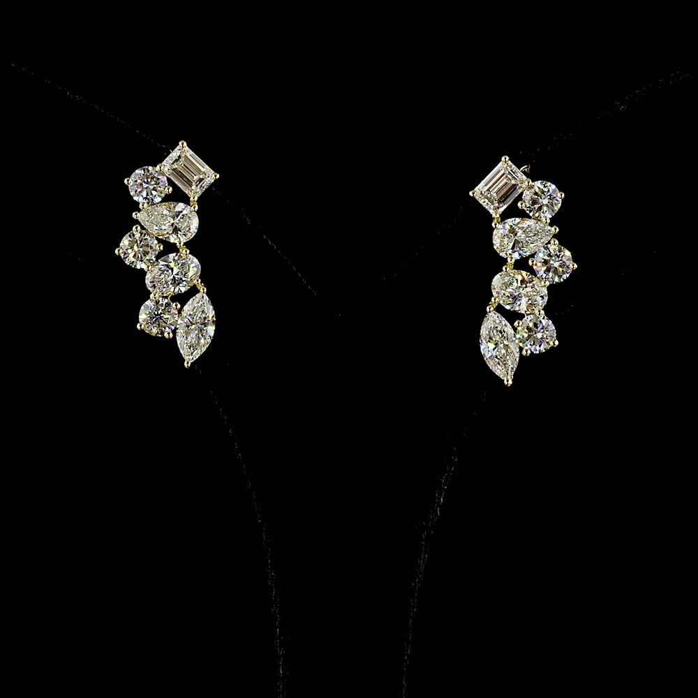 14K Yellow Gold Diamond Crawler Earrings with Emerald, Pear, Marquise, and Oval Cut Lab Diamonds - 5.98 Carats Total Diamond Weight - Covaloro Fine Jewelry