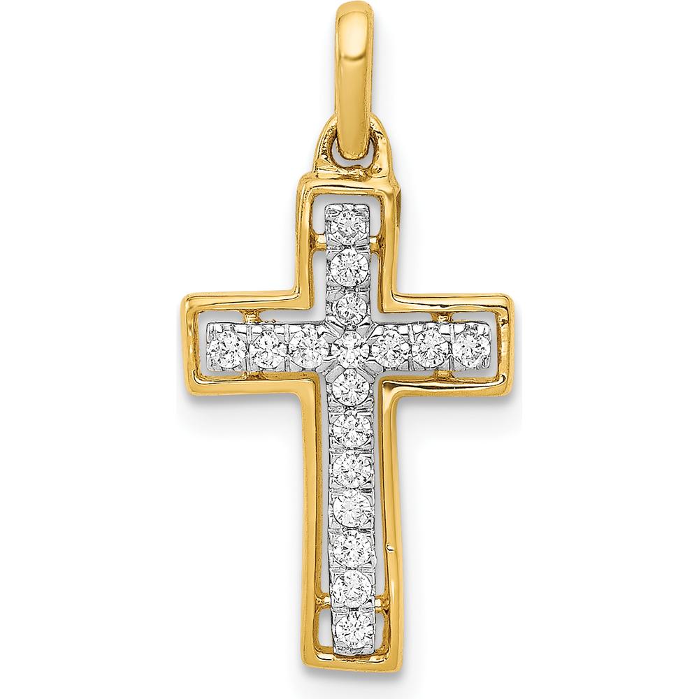 14K Yellow Gold Diamond Cross Pendant with Rhodium Plating - 1/8 Carat Total Diamond Weight by Monteluci Fine Jewelry