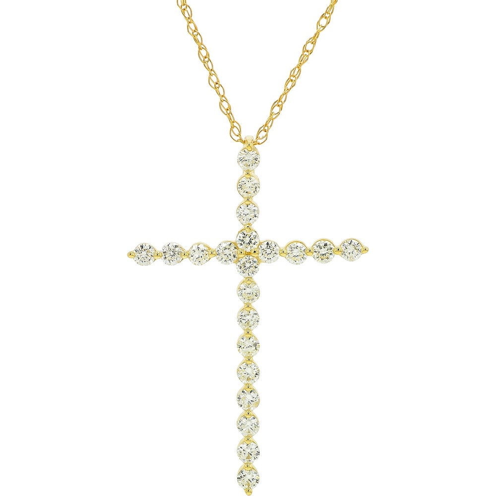 14K Yellow Gold Diamond Cross Pendant with Shared-Prong Set Round Diamonds - 0.37 Carat Total Diamond Weight