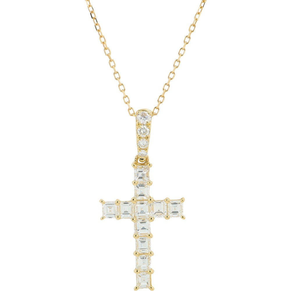 14K Yellow Gold Diamond Cross Pendant with Square-Cut Diamonds and Diamond-Studded Bail - 1.15 Carat Total Diamond Weight