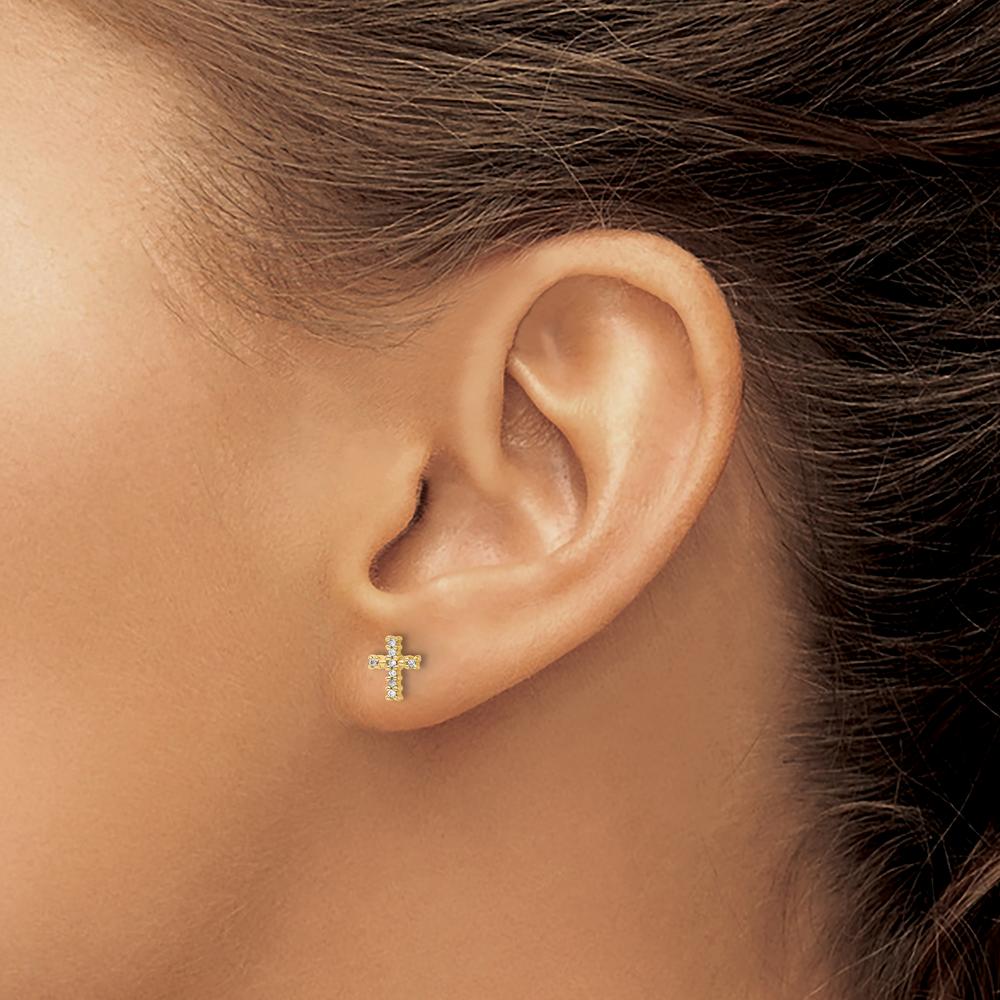 14K Yellow Gold Diamond Cross Post Earrings with Rhodium Plating - 0.003 Carat Total Diamond Weight by Monteluci Fine Jewelry