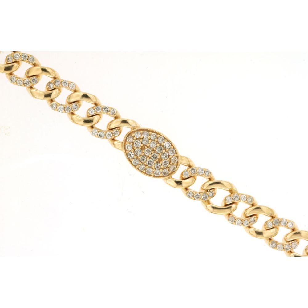 14K Yellow Gold Diamond Cuban Link Bracelet with Oval Pavé Diamond Station - 1.00 Carat Total Diamond Weight - Royal Jewelry