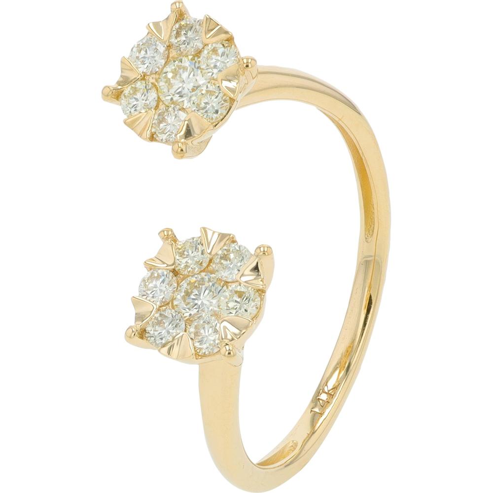 14K Yellow Gold Diamond Cuff Ring with Two Prong - Set Round Brilliant Cut Diamonds - 0.45 Carat Total Diamond Weight