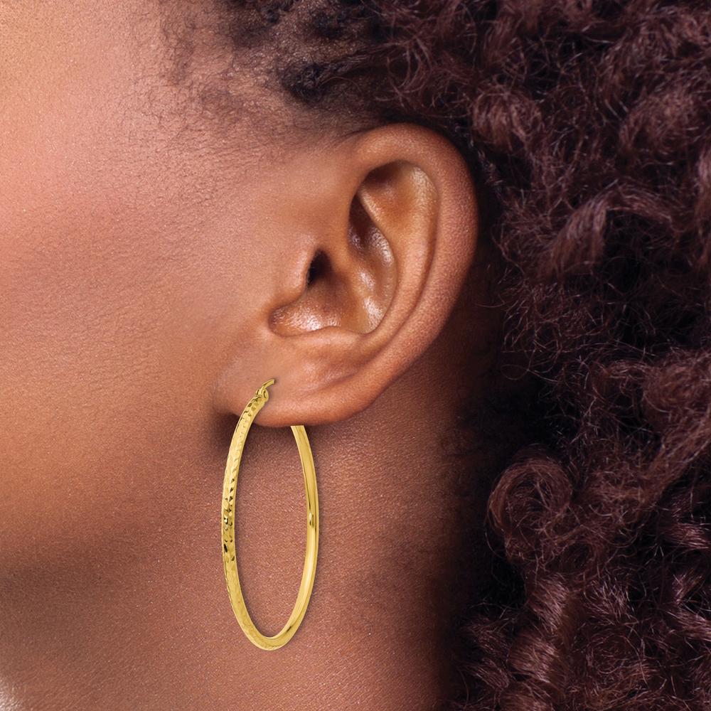14K Yellow Gold Diamond-Cut 2mm Round Tube Hoop Earrings - 40mm Length by 0