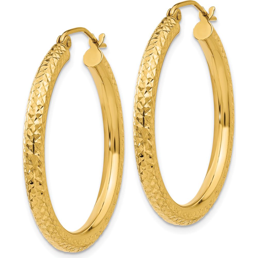 14K Yellow Gold Diamond-Cut 3mm Round Hoop Earrings - 30mm Length by 0
