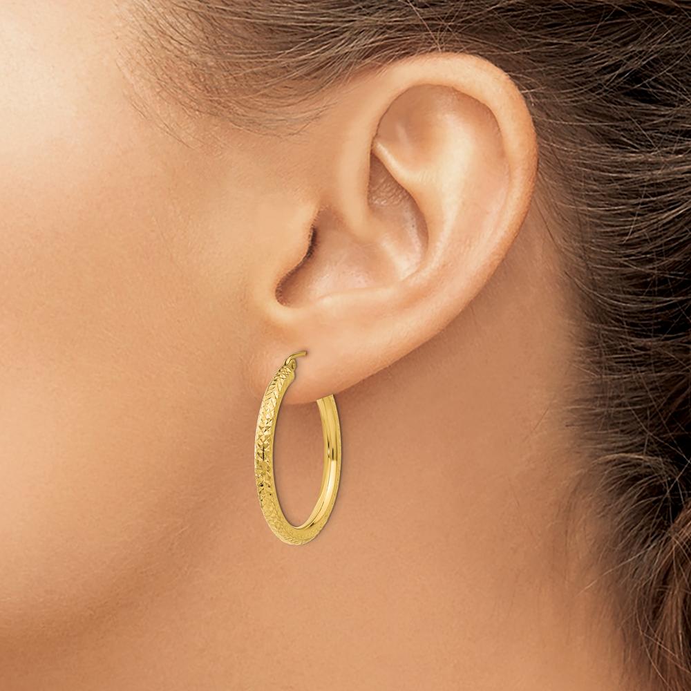 14K Yellow Gold Diamond-Cut 3mm Round Hoop Earrings - 30mm Length by 0