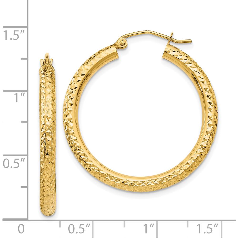 14K Yellow Gold Diamond-Cut 3mm Round Hoop Earrings - 30mm Length by 0