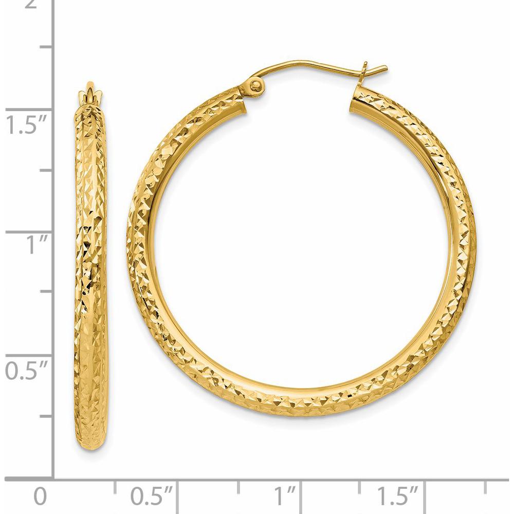 14K Yellow Gold Diamond-Cut 3mm Round Hoop Earrings - 35mm Length by 0