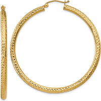 14K Yellow Gold Diamond-Cut 3mm Round Hoop Earrings - 50mm Length by 0