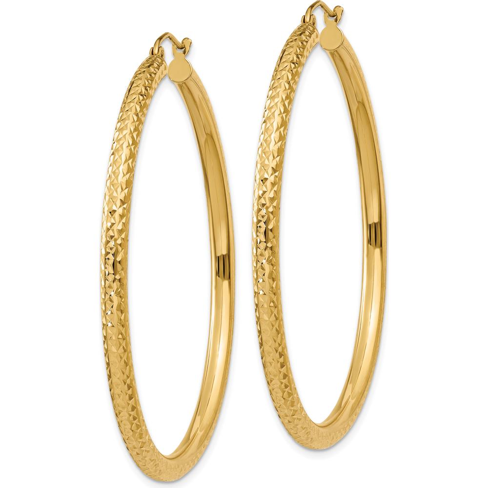 14K Yellow Gold Diamond-Cut 3mm Round Hoop Earrings - 50mm Length by 0
