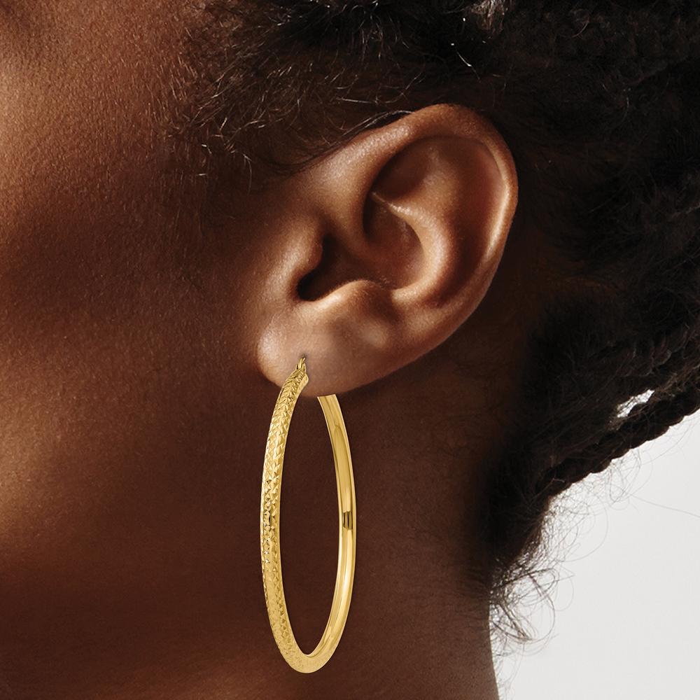 14K Yellow Gold Diamond-Cut 3mm Round Hoop Earrings - 50mm Length by 0