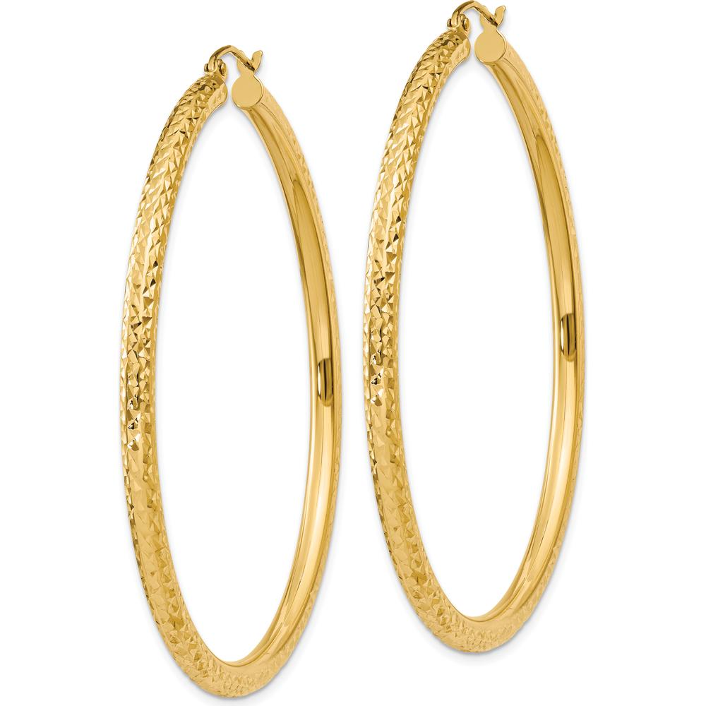 14K Yellow Gold Diamond-Cut 3mm Round Hoop Earrings - 55mm Length, Polished Finish by 0