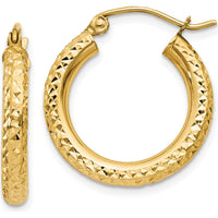 14K Yellow Gold Diamond-Cut 3mm Round Hoop Earrings - Polished Finish, 20mm Length by 0