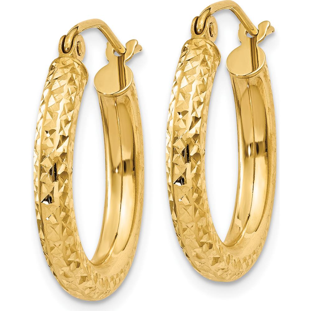 14K Yellow Gold Diamond-Cut 3mm Round Hoop Earrings - Polished Finish, 20mm Length by 0