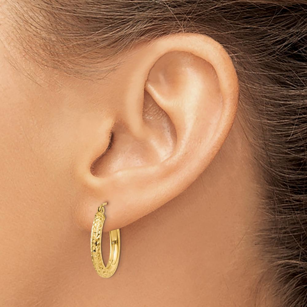 14K Yellow Gold Diamond-Cut 3mm Round Hoop Earrings - Polished Finish, 20mm Length by 0