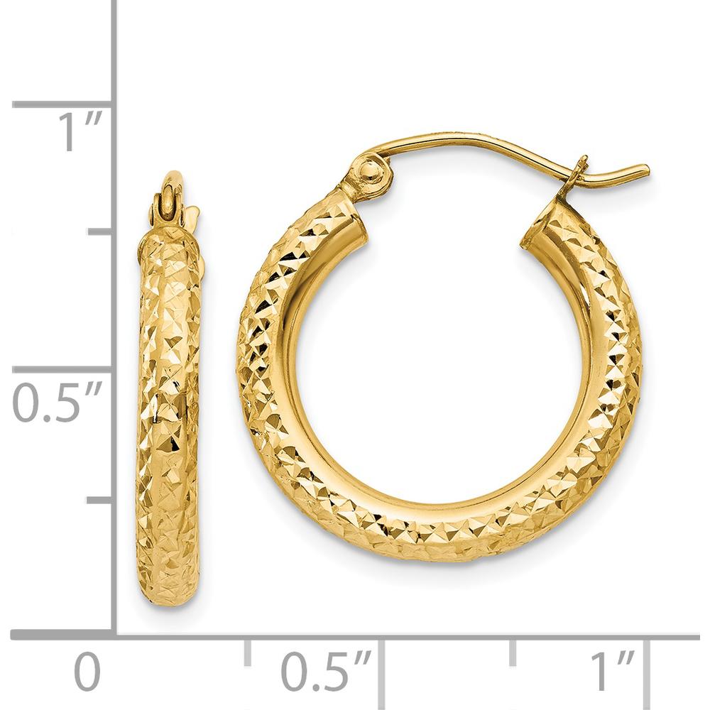14K Yellow Gold Diamond-Cut 3mm Round Hoop Earrings - Polished Finish, 20mm Length by 0