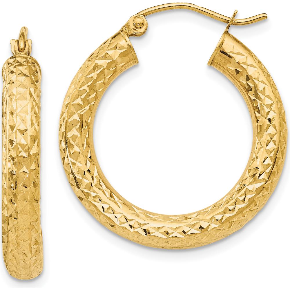14K Yellow Gold Diamond-Cut 4mm Round Hoop Earrings - 25mm Length by 0